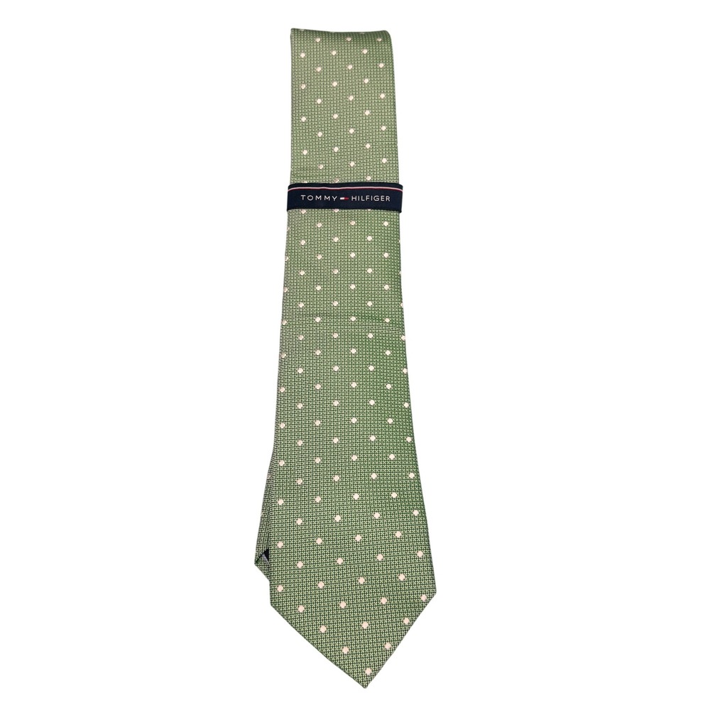Tommy Hilfiger Mens Green Polka Dot Silk Blend Necktie Formal Business Tie